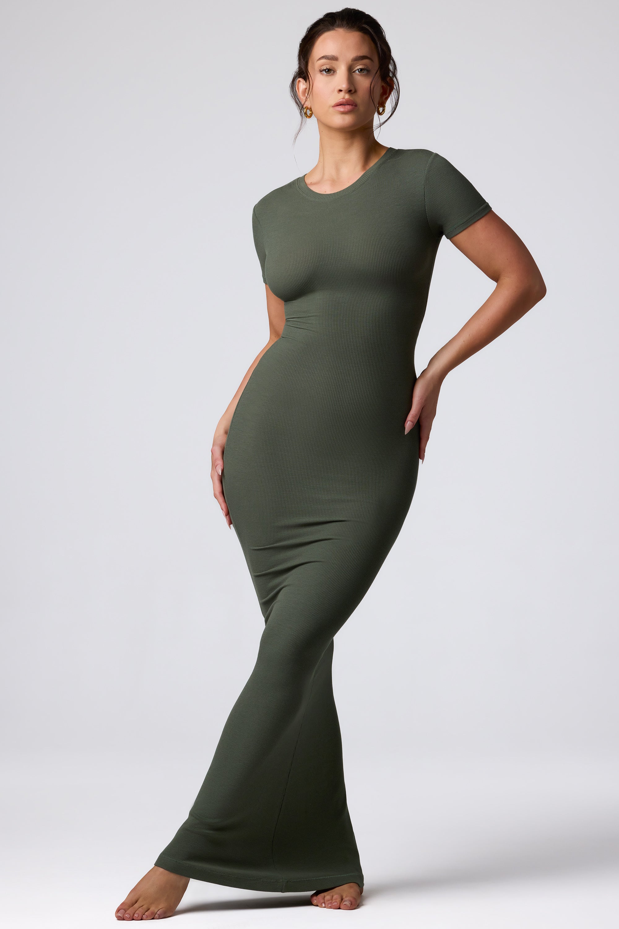 Ribbed Modal Maxi Dress in Khaki Green