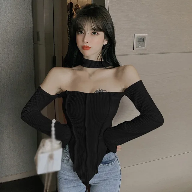 Off Shoulder Long Sleeve Top Tee Shirt Femme Y2K Clothes Green Tops Mujer T-shirt Black Sexy Funny T Shirts Women Cropped