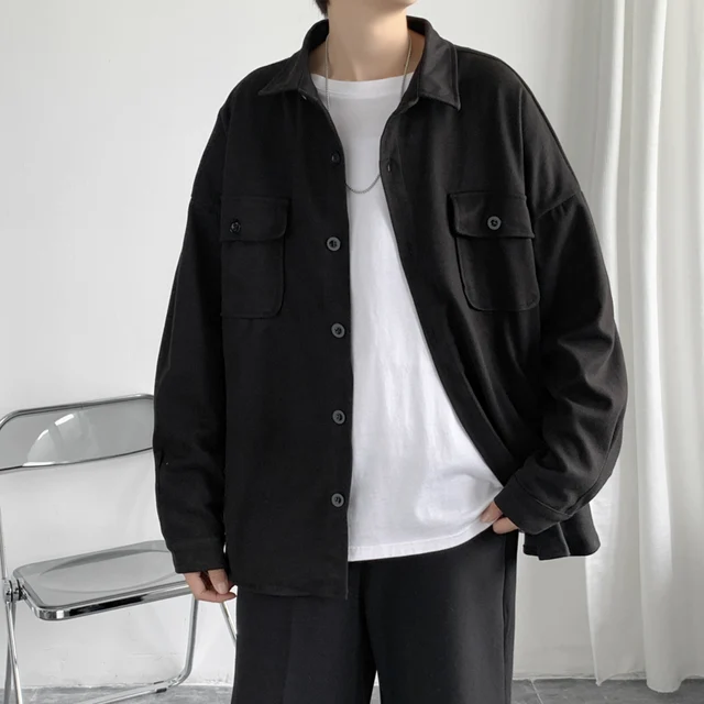 Hanbok Retro Thick Woolen Shirt, Men's Autumn and Winter Long-sleeved Brown Lapel Top, Casual Loose Harajuku Couple Suit