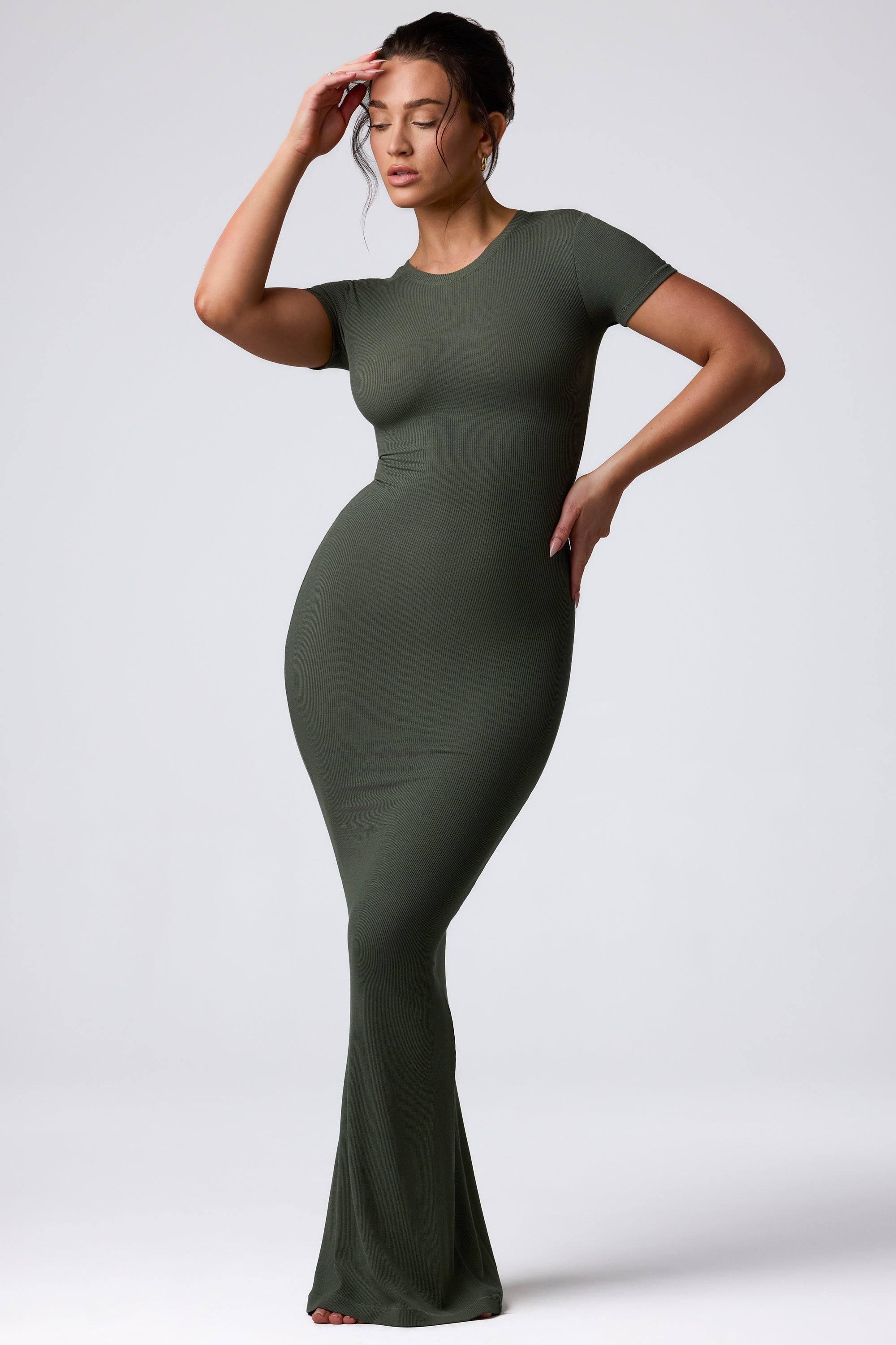 Ribbed Modal Maxi Dress in Khaki Green