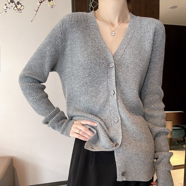 Spring and Autumn Chic V-Neck Striped Cashmere Cardigan Women Cashmere Sweater Long Sleeve Knitting Cardigan Women's